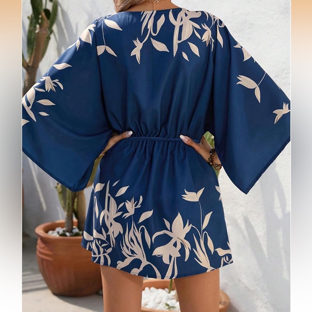 Navy and Beige Floral Kimono Dress - Picture 3 of 5